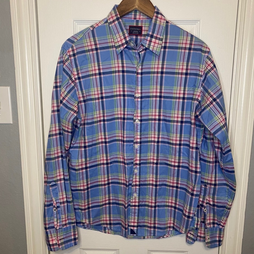 UNTUCKit Mens Medium Button Down Shirt Classic Fit Long Sleeve Plaid  Blue Green